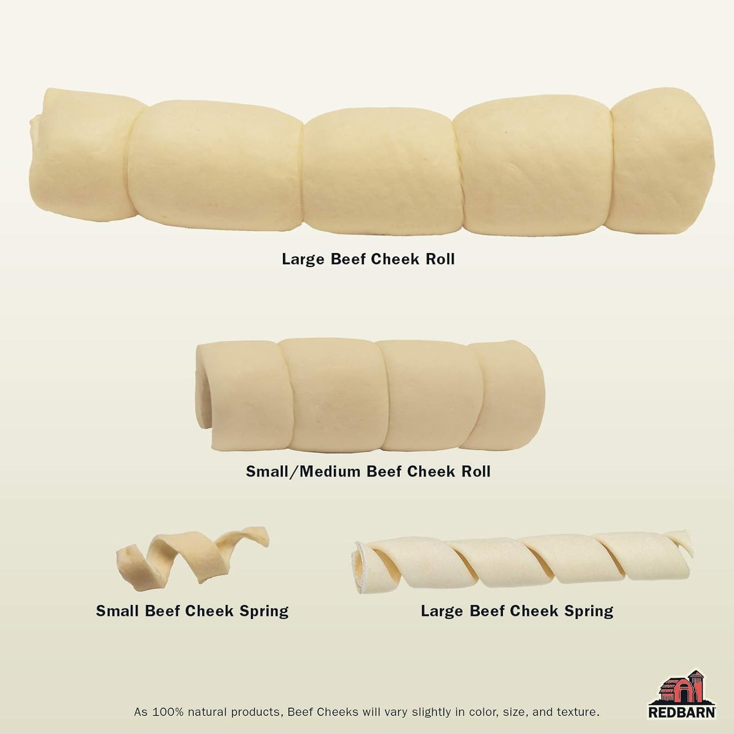 Illustration of different sizes of beef cheek rolls with Redbarn branding.