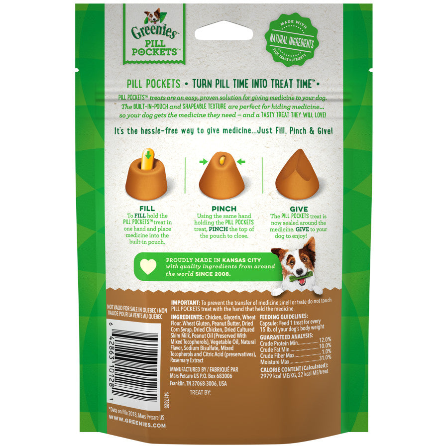 GREENIES Pill Pockets peanut butter treat showing the built-in pouch for hiding a capsule