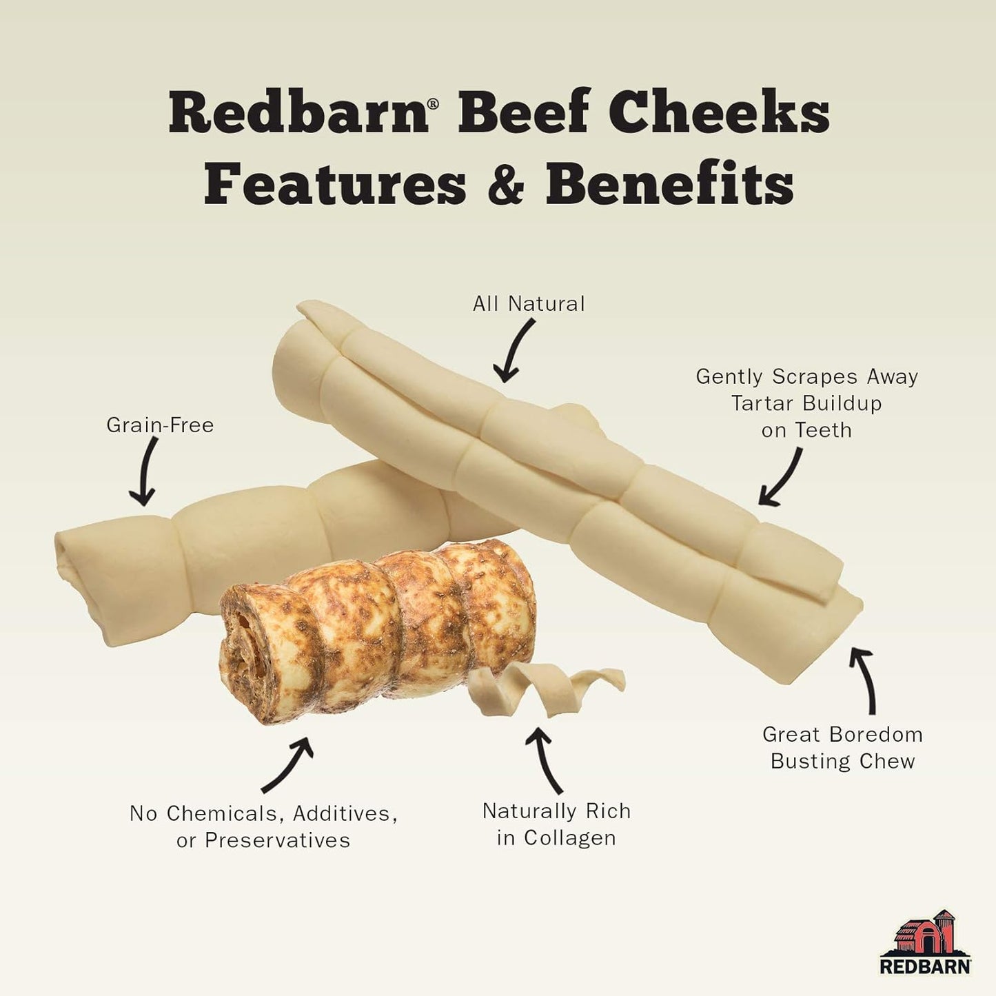 Redbarn Beef Cheeks features and benefits on a beige background