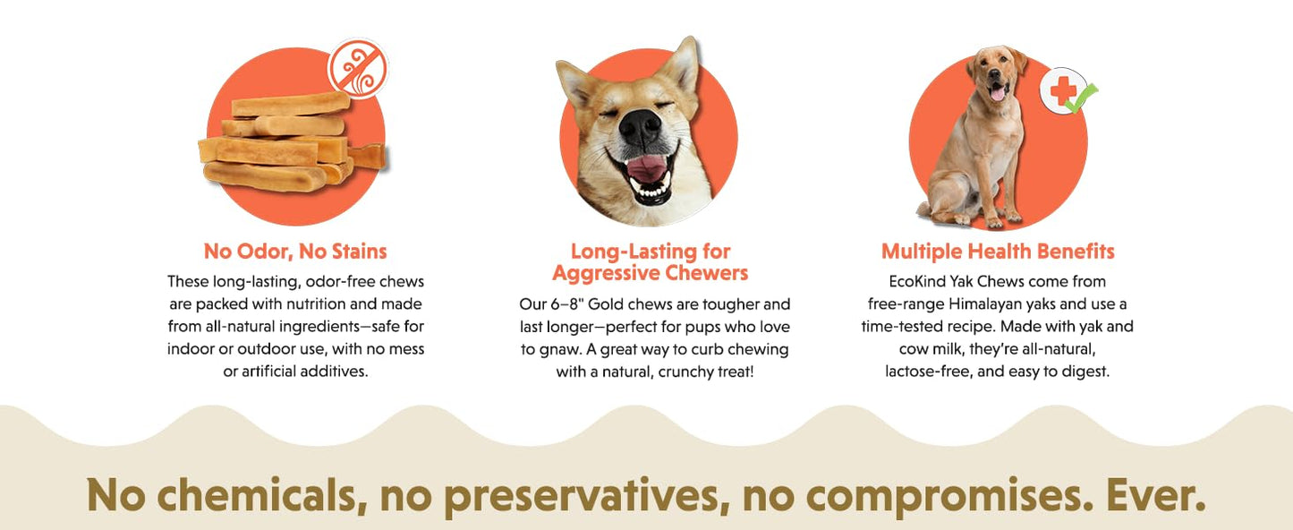 Dog chew product advertisement with text and images of a dog and chew.