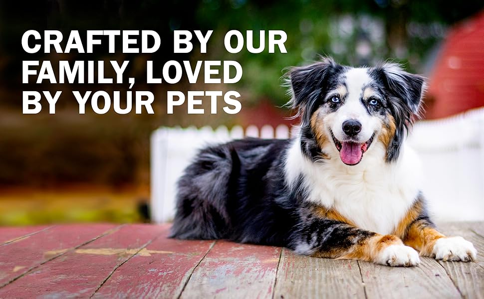 Dog lying on a wooden deck with text 'Crafted by our family, loved by your pets' in the background.