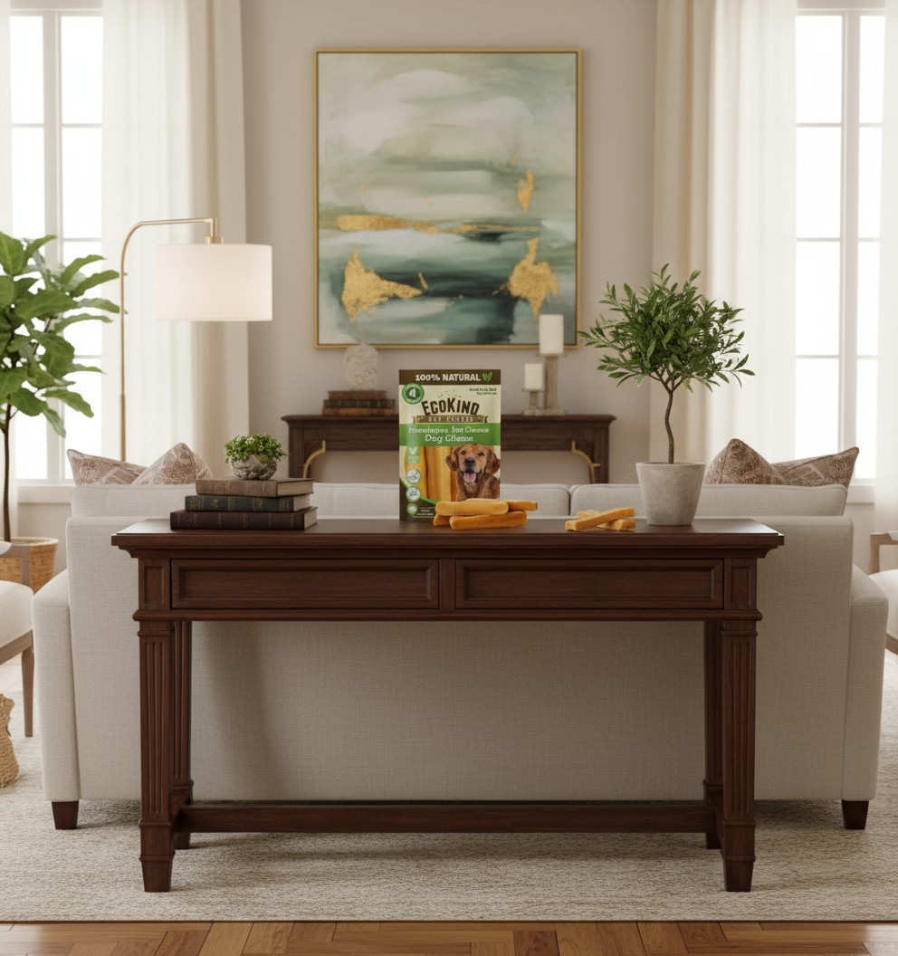 Living room with a wooden coffee table, sofa, and decorative elements.