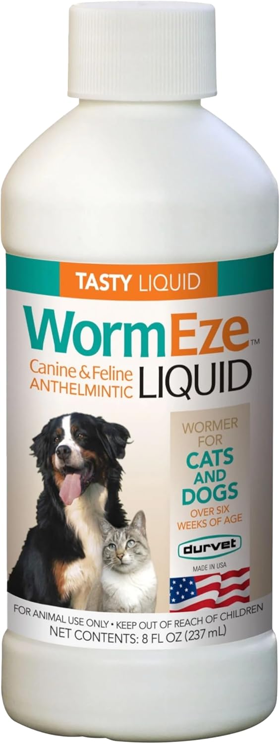 Bottle of WormEze Liquid for pets with images of a dog and cat on the label.