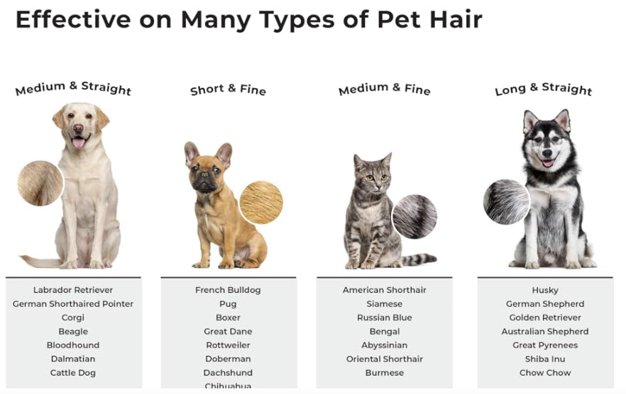 Chart showing pet hair types and corresponding pet breeds.