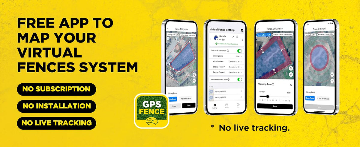 Advertisement for a free app to map virtual fences with smartphone screens showing app interface on a yellow background.