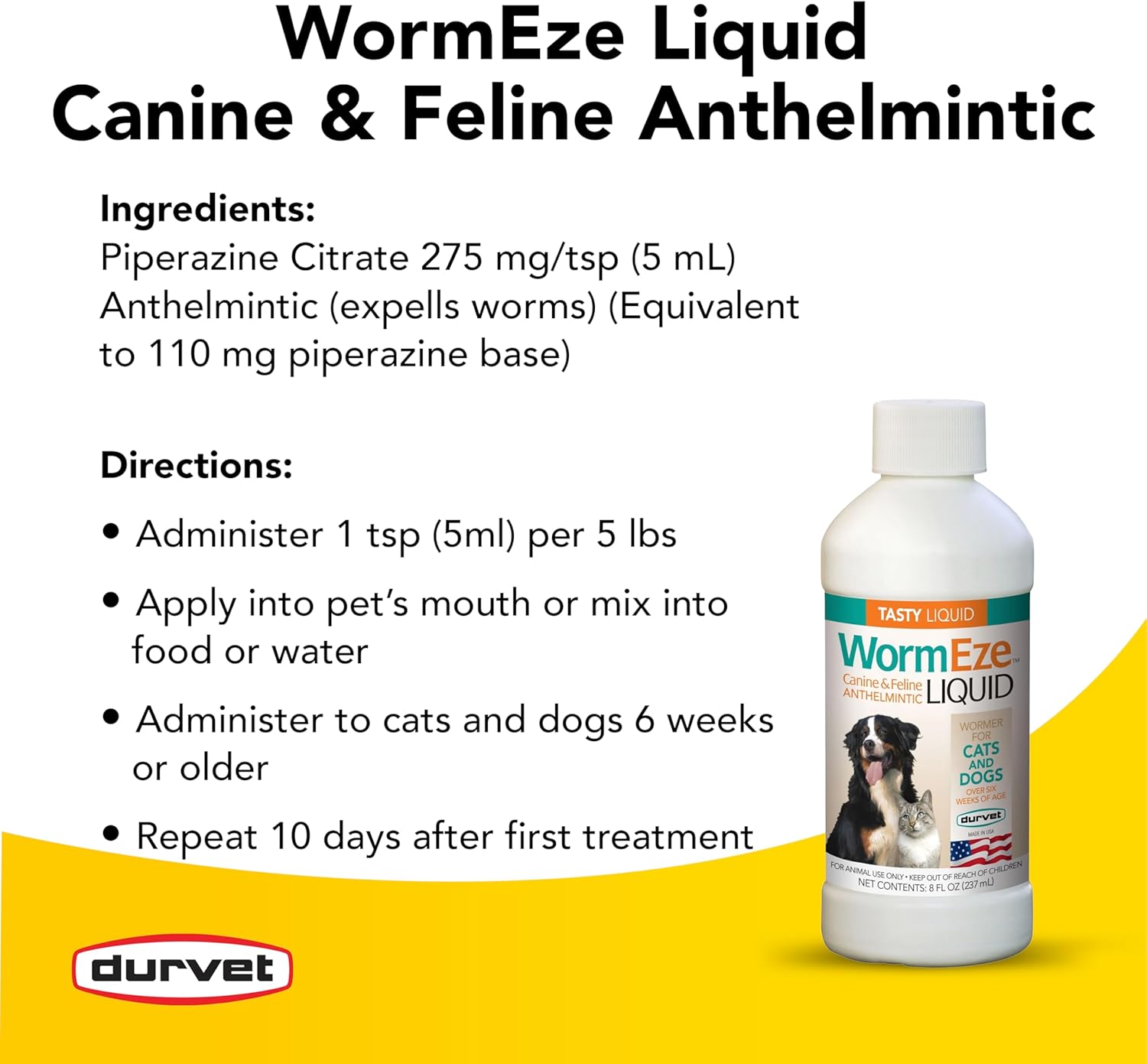 WormEze Liquid Canine & Feline Anthelmintic bottle with label and Durvet logo on a yellow background