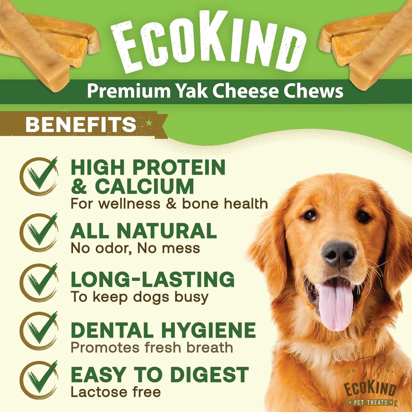 Advertisement for EcoKind Premium Yak Cheese Chews with a dog and product packaging.