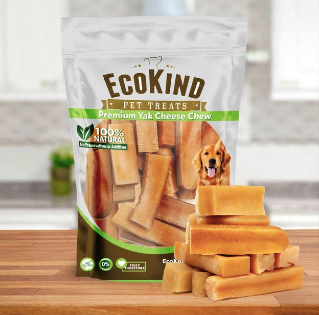 Bag of Ecokind pet treats with dog treats on a wooden surface