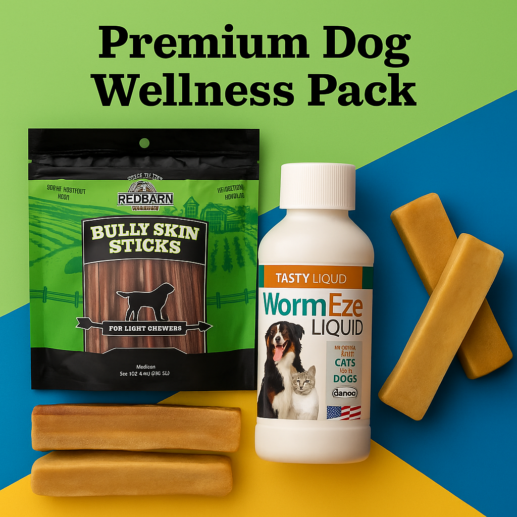 Premium dog wellness pack with bully skin sticks, wormer, and treats on a colorful background