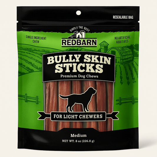 Redbarn Bully Skin Sticks packaging for light chewers on a white background