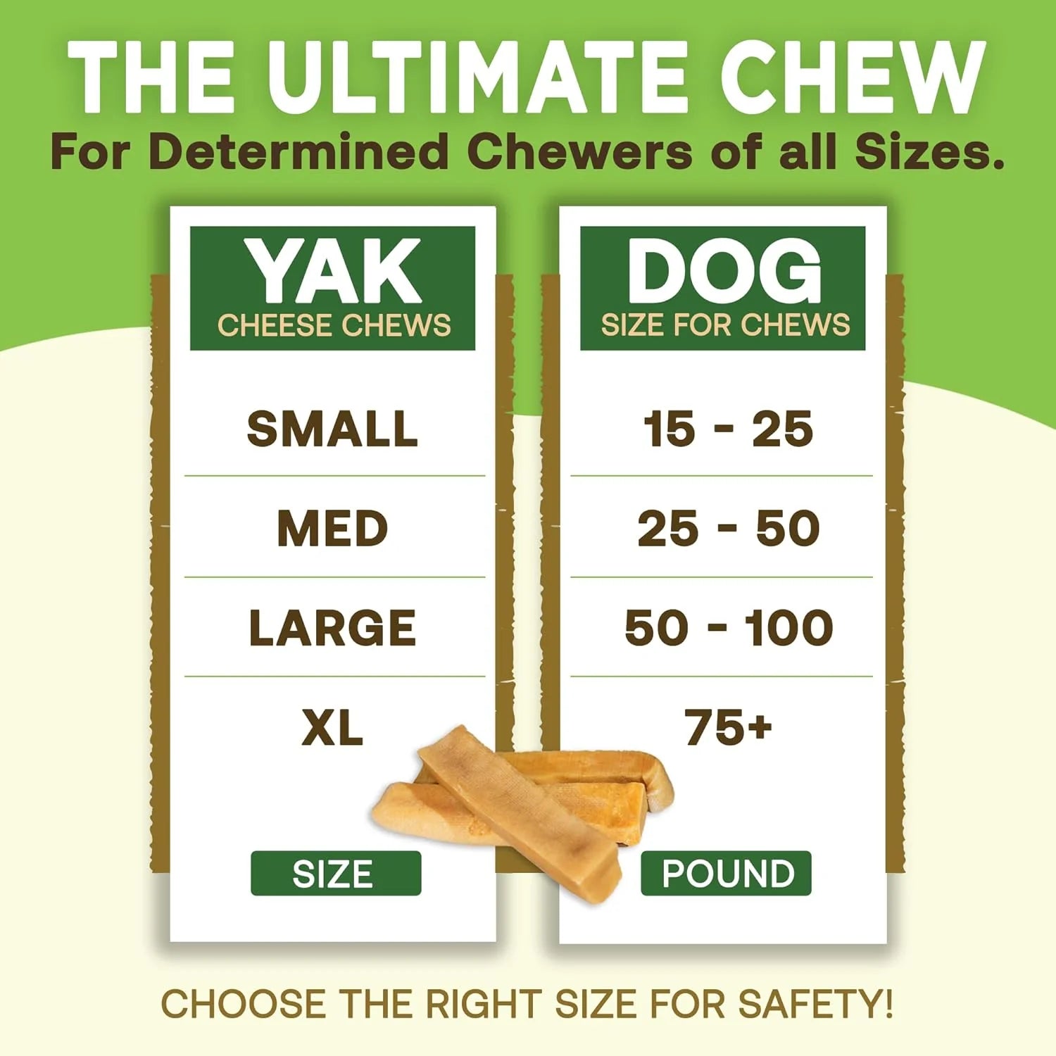 Yak cheese chews size chart for dogs with green and white background
