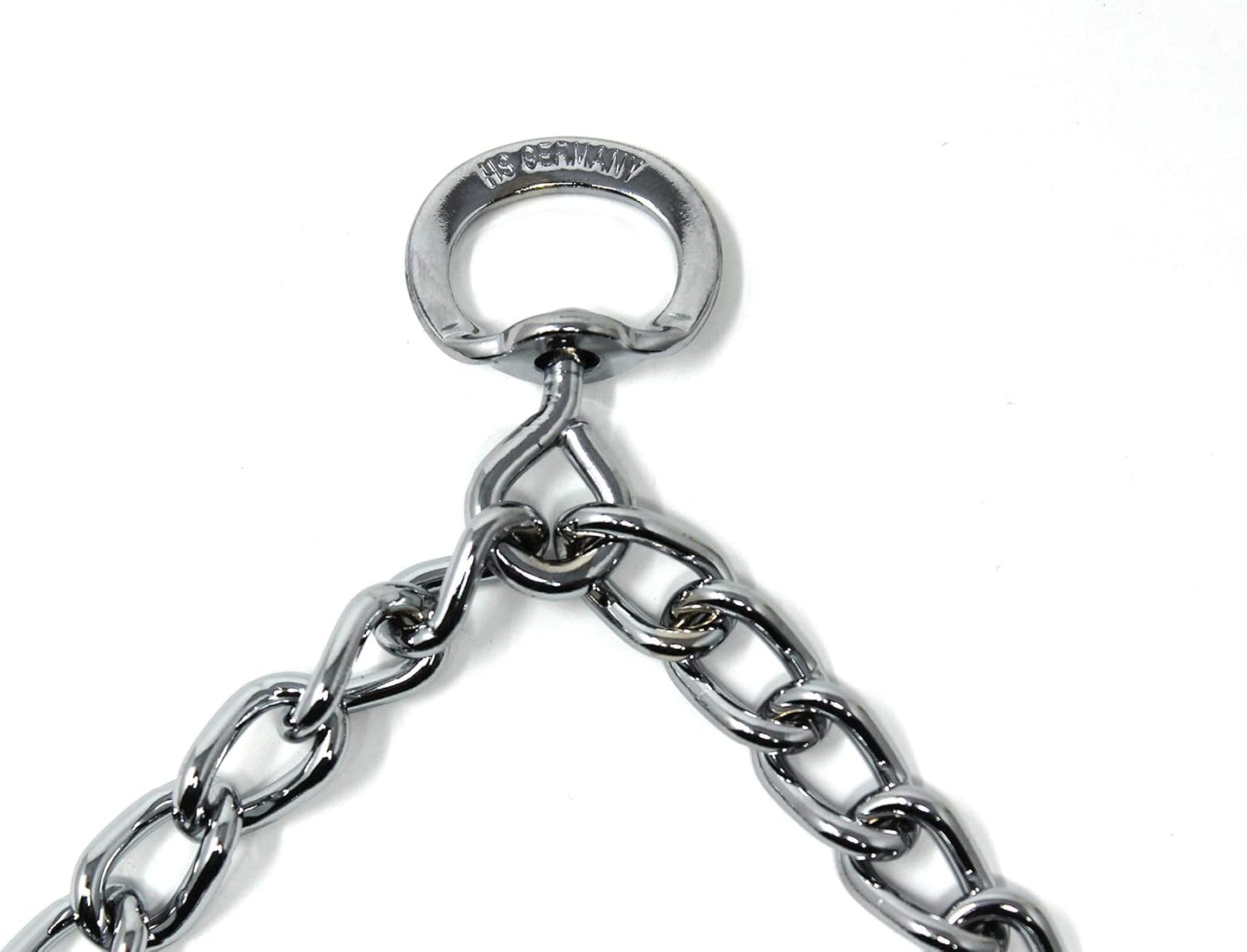 Close-up of a silver chain with a clasp on a white background
