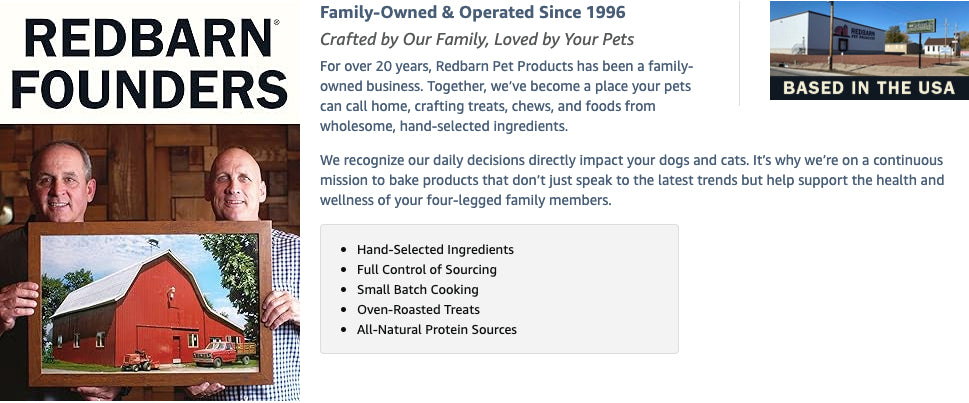 Redbarn Pet Products founders holding a framed picture of a red barn with text about the company's mission.