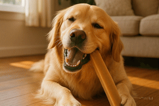 Happy dog chewing Himalayan Gold Yak Chew in a sunlit home