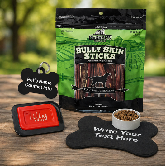Packaging of Redbarn Bully Skin Sticks with pet accessories on a wooden surface.