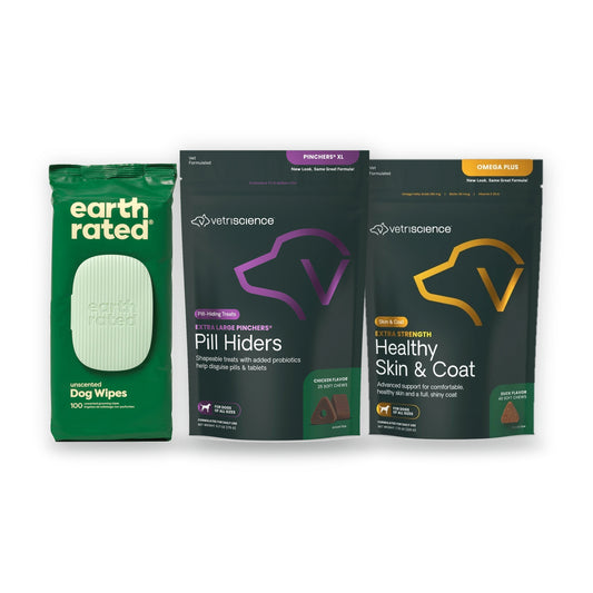 The Skin & Coat Care Bundle — Omega Chews + Grooming Wipes + Probiotic Pill Capsule Holder