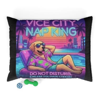Retro "Vice City Nap King" Pet Bed Pillow – Funny Dog Lounger, "Do Not Disturb (Unless You Have Cheese)"