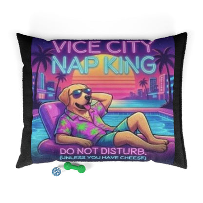 Retro "Vice City Nap King" Pet Bed Pillow – Funny Dog Lounger, "Do Not Disturb (Unless You Have Cheese)"