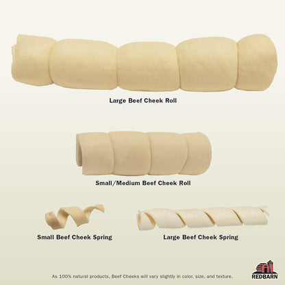Illustration of different sizes of beef cheek rolls with Redbarn branding.