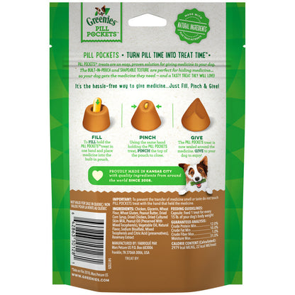 GREENIES Pill Pockets peanut butter treat showing the built-in pouch for hiding a capsule