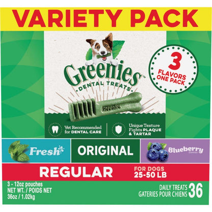 GREENIES® Daily Dental Chews for Regular Dogs (25–50 lb) — 3-Flavor Variety • 36 oz • 36 Count