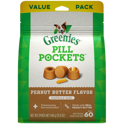 GREENIES Pill Pockets capsule size dog treats, real peanut butter, 15.8 oz pack of 60