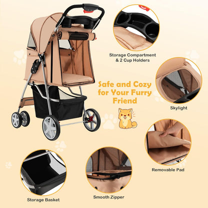 Foldable Pet Stroller for Small & Medium Dogs, Cats, Puppies - 4 Lockable Wheels, Travel-Friendly Carrier with Safety Belt, Removable Liner, Storage Basket - Lightweight & Durable