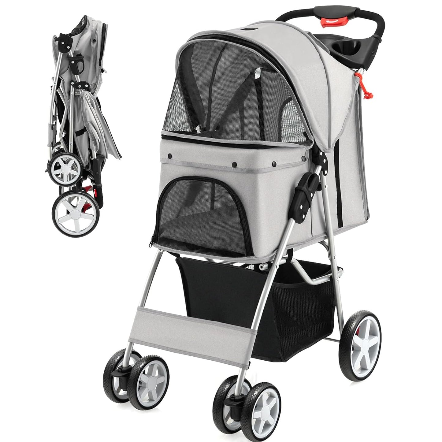 Foldable Pet Stroller for Small & Medium Dogs, Cats, Puppies - 4 Lockable Wheels, Travel-Friendly Carrier with Safety Belt, Removable Liner, Storage Basket - Lightweight & Durable