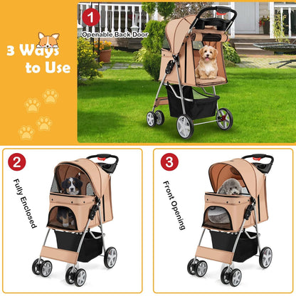 Foldable Pet Stroller for Small & Medium Dogs, Cats, Puppies - 4 Lockable Wheels, Travel-Friendly Carrier with Safety Belt, Removable Liner, Storage Basket - Lightweight & Durable