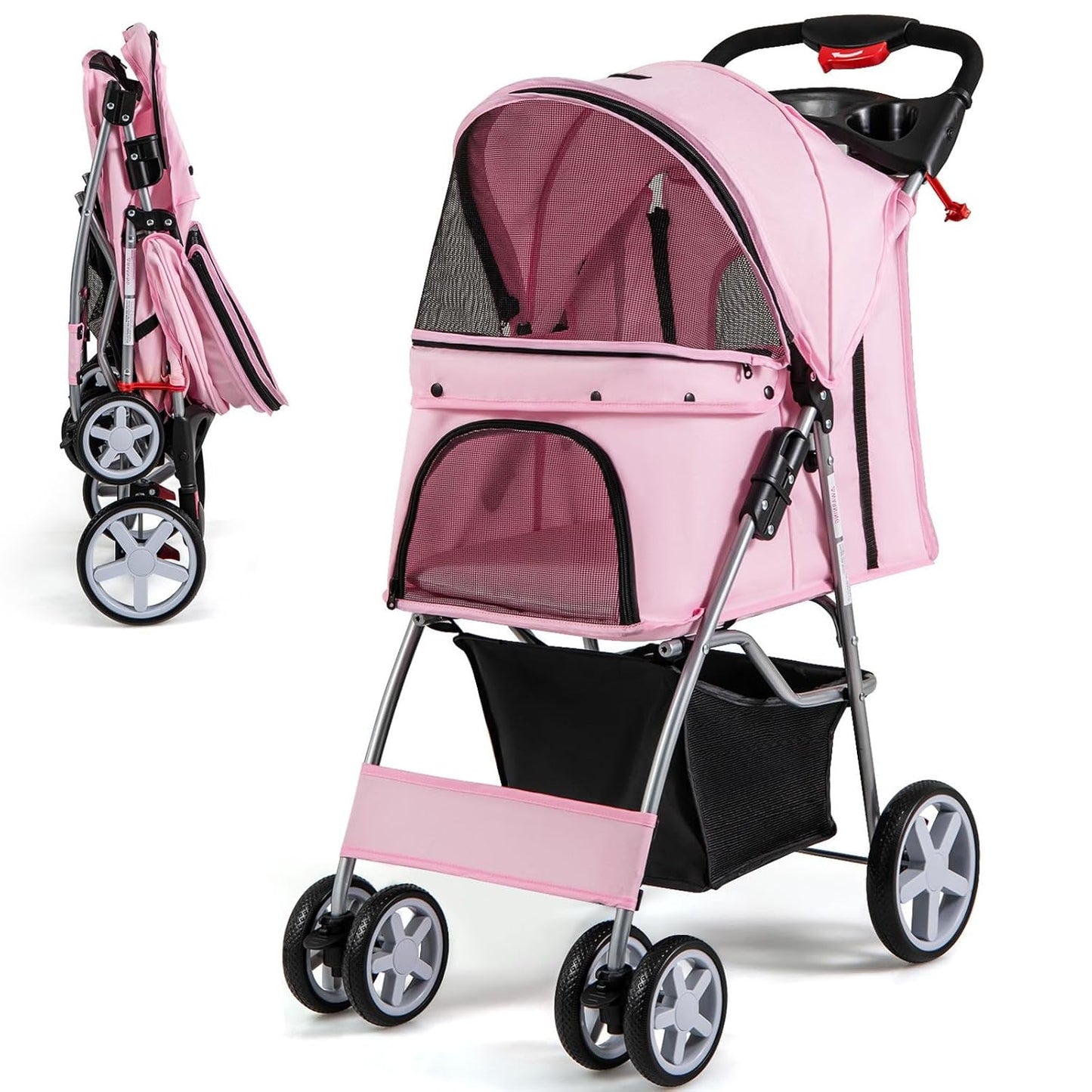 Foldable Pet Stroller for Small & Medium Dogs, Cats, Puppies - 4 Lockable Wheels, Travel-Friendly Carrier with Safety Belt, Removable Liner, Storage Basket - Lightweight & Durable