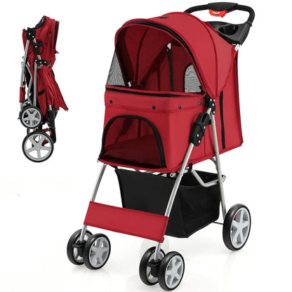 Foldable Pet Stroller for Small & Medium Dogs, Cats, Puppies - 4 Lockable Wheels, Travel-Friendly Carrier with Safety Belt, Removable Liner, Storage Basket - Lightweight & Durable