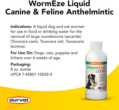 Durvet WormEze Liquid Dog & Cat Dewormer – Safe Roundworm Treatment, 8 oz