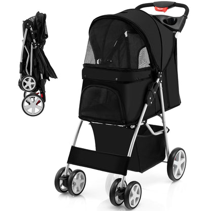 Foldable Pet Stroller for Small & Medium Dogs, Cats, Puppies - 4 Lockable Wheels, Travel-Friendly Carrier with Safety Belt, Removable Liner, Storage Basket - Lightweight & Durable