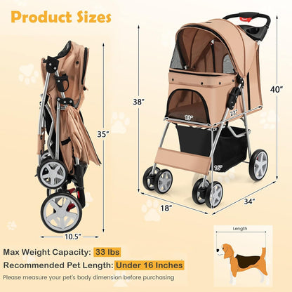 Foldable Pet Stroller for Small & Medium Dogs, Cats, Puppies - 4 Lockable Wheels, Travel-Friendly Carrier with Safety Belt, Removable Liner, Storage Basket - Lightweight & Durable