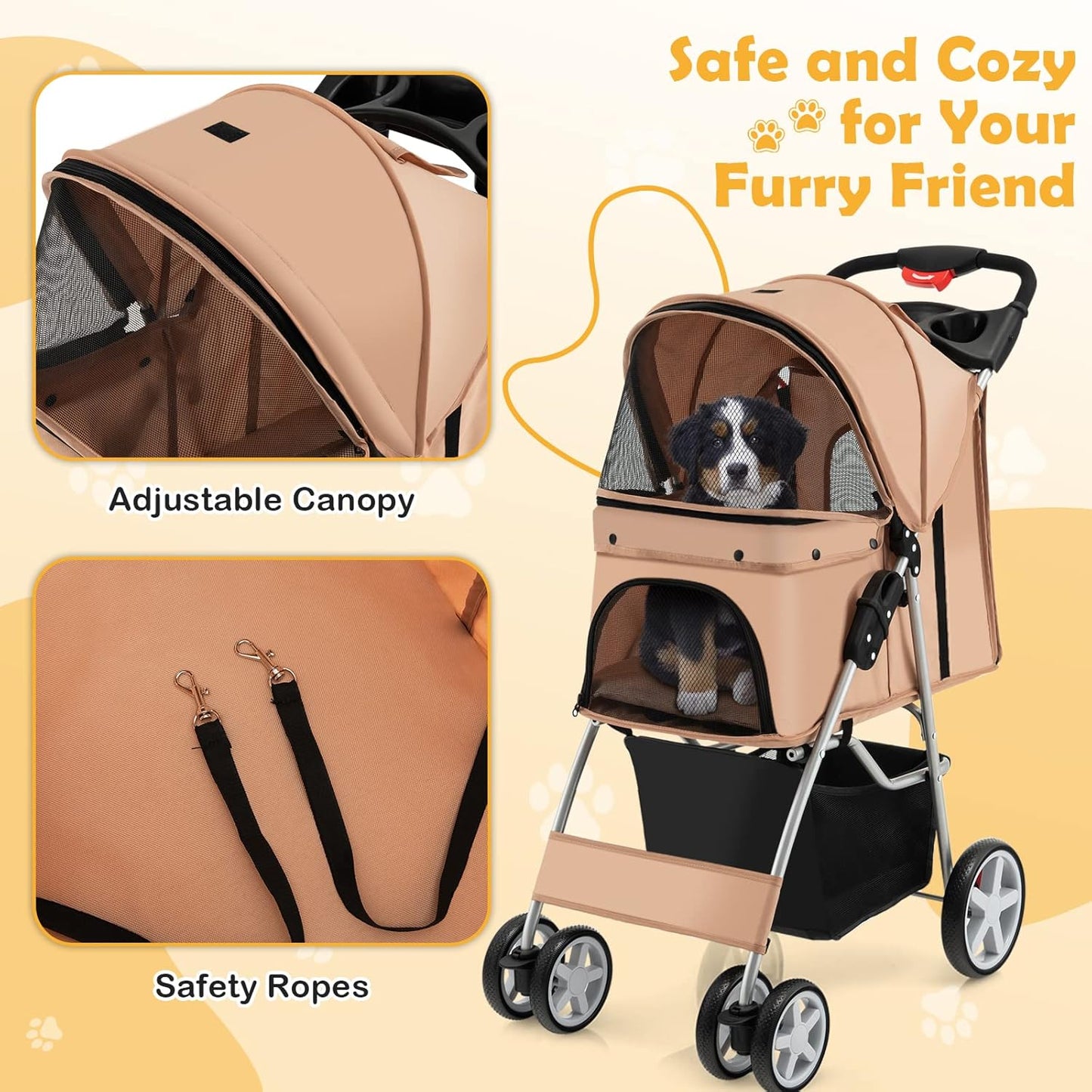 Foldable Pet Stroller for Small & Medium Dogs, Cats, Puppies - 4 Lockable Wheels, Travel-Friendly Carrier with Safety Belt, Removable Liner, Storage Basket - Lightweight & Durable