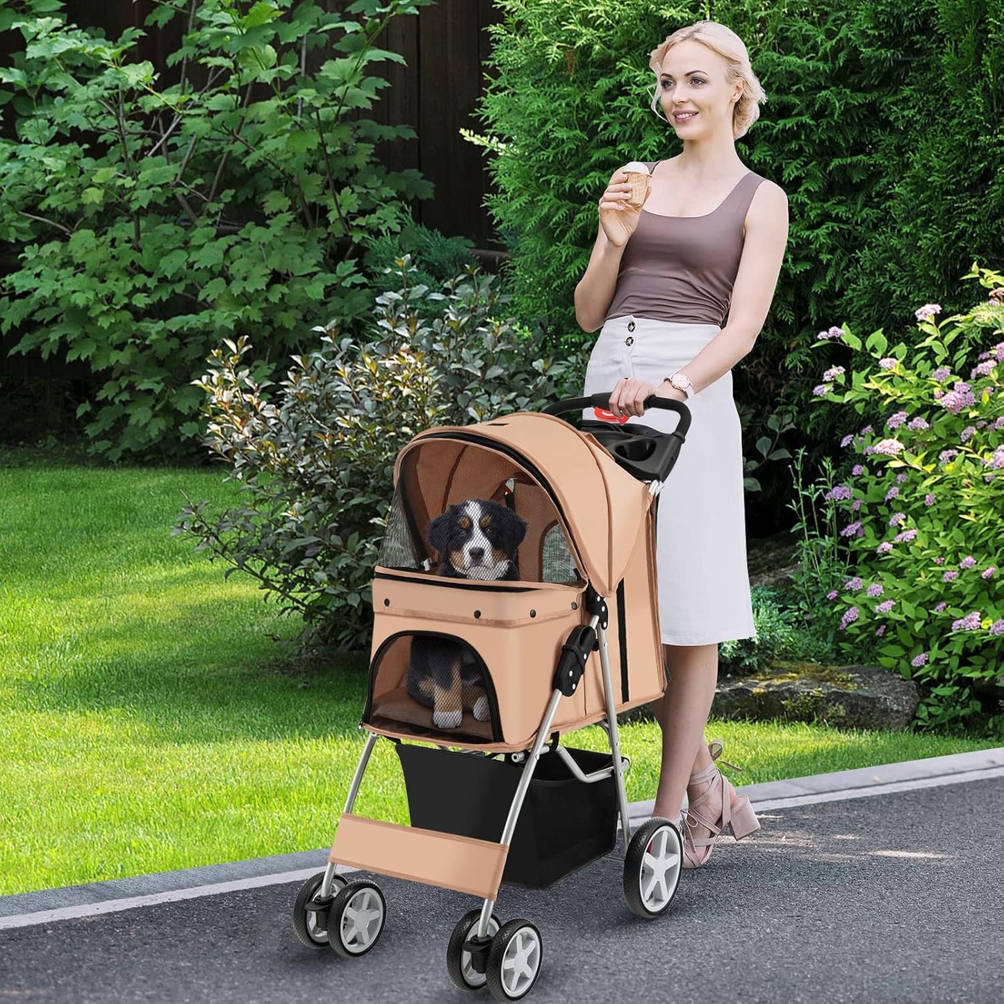 Foldable Pet Stroller for Small & Medium Dogs, Cats, Puppies - 4 Lockable Wheels, Travel-Friendly Carrier with Safety Belt, Removable Liner, Storage Basket - Lightweight & Durable