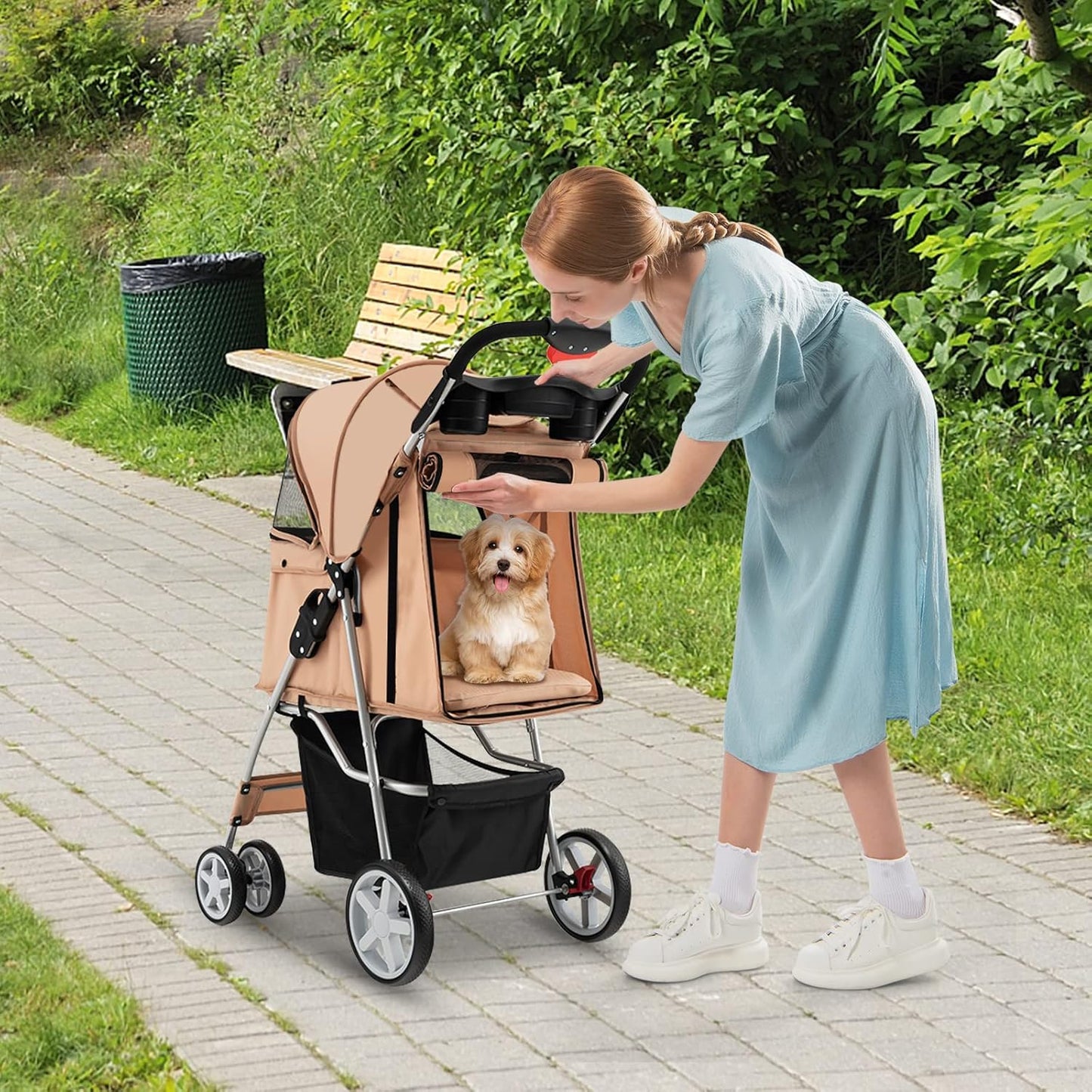 Foldable Pet Stroller for Small & Medium Dogs, Cats, Puppies - 4 Lockable Wheels, Travel-Friendly Carrier with Safety Belt, Removable Liner, Storage Basket - Lightweight & Durable