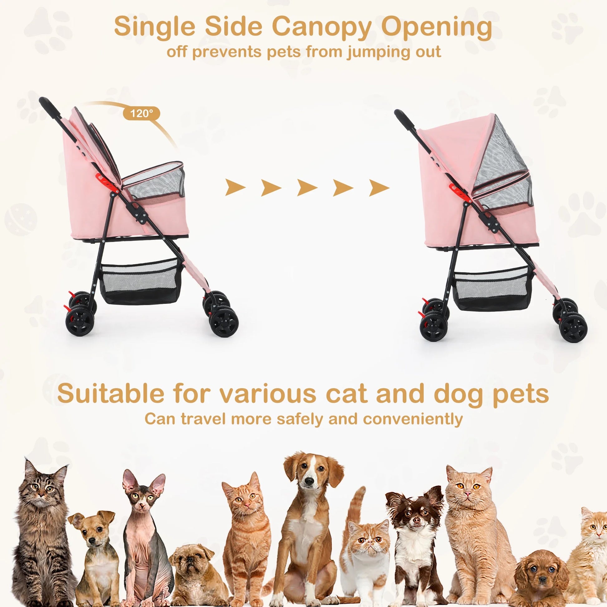 Foldable Pet Stroller for Small & Medium Dogs and Cats - Travel Carrier with Storage Basket, Safety Tether & Easy Fold Design, Ideal for Walking or Strolling