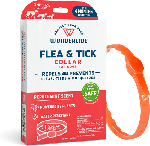 Wondercide Flea & Tick Collar for dogs packaging box shown next to an orange plastic collar on a white background.