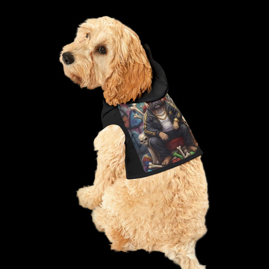 Dog wearing a colorful patterned dog coat on a white background