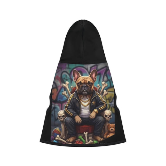 Black hoodie with a graphic of a dog in a suit and sunglasses on a colorful background