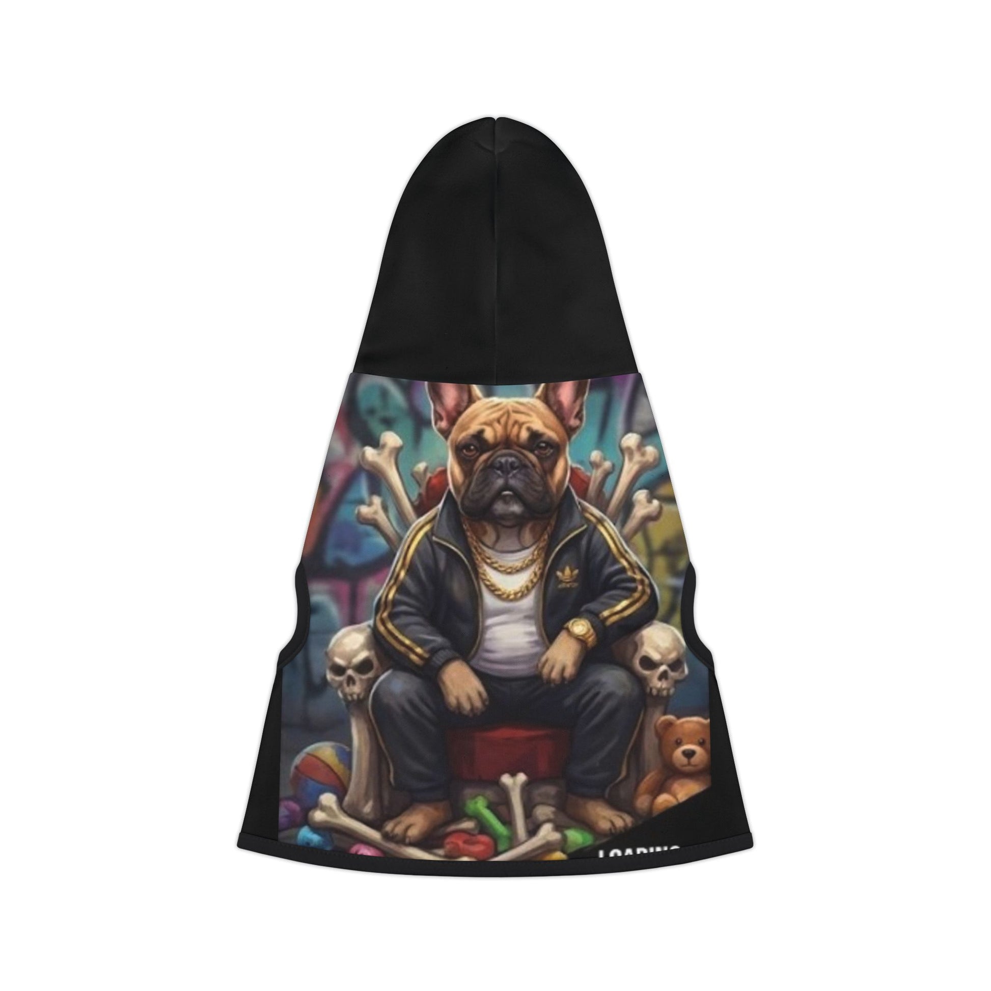 Hoodie with a graphic design of a dog in a suit surrounded by skulls and bones on a white background