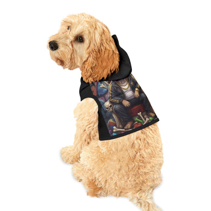Dog wearing a coat with a Mona Lisa design on a white background