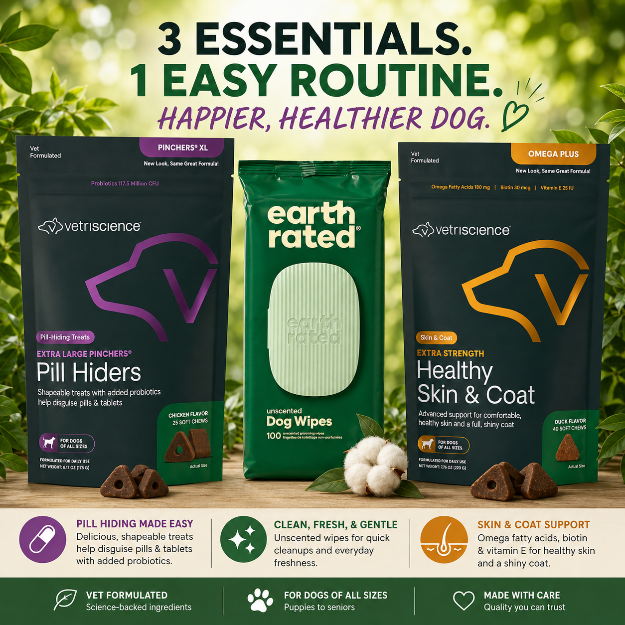 Three pet care products arranged together on a green leafy background: two Vetscience pill hiders in black pouches and one Earth Rated dog wipes packet in green. Text at the top reads '3 ESSENTIALS.