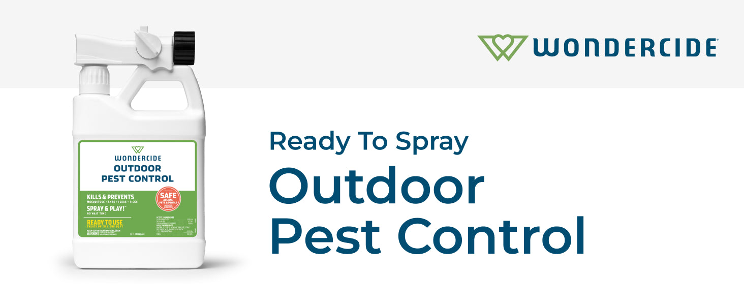 Wondercide outdoor pest control ready-to-spray bottle on a white background with blue text reading 'Ready To Spray Outdoor Pest Control' and the Wondercide logo.