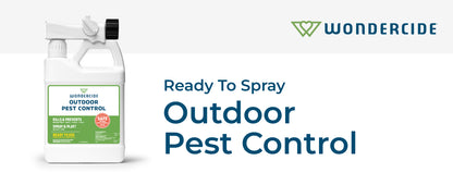 Wondercide outdoor pest control ready-to-spray bottle on a white background with blue text reading 'Ready To Spray Outdoor Pest Control' and the Wondercide logo.
