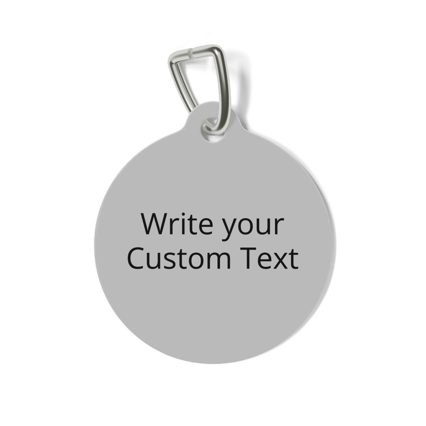Round silver pendant with 'Write your Custom Text' engraving on a white background