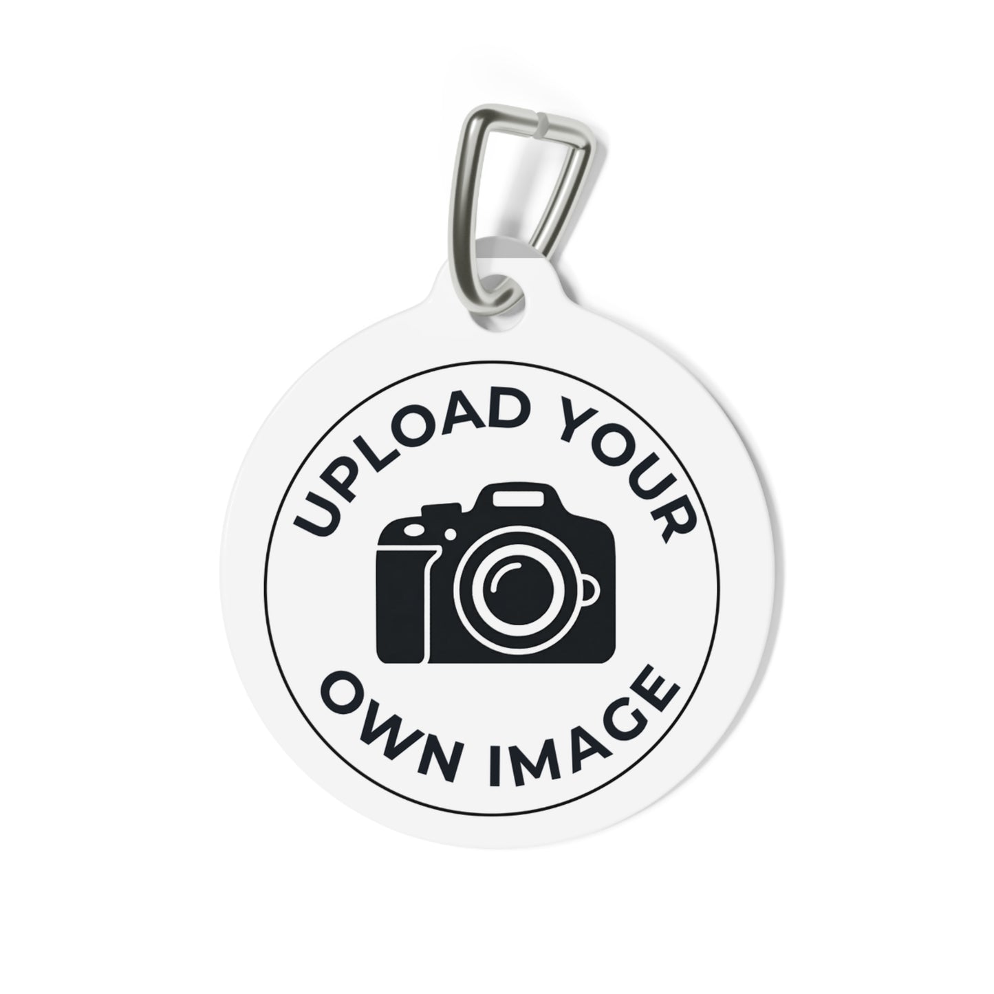Round pendant with camera icon and text 'Upload Your Own Image' on a white background