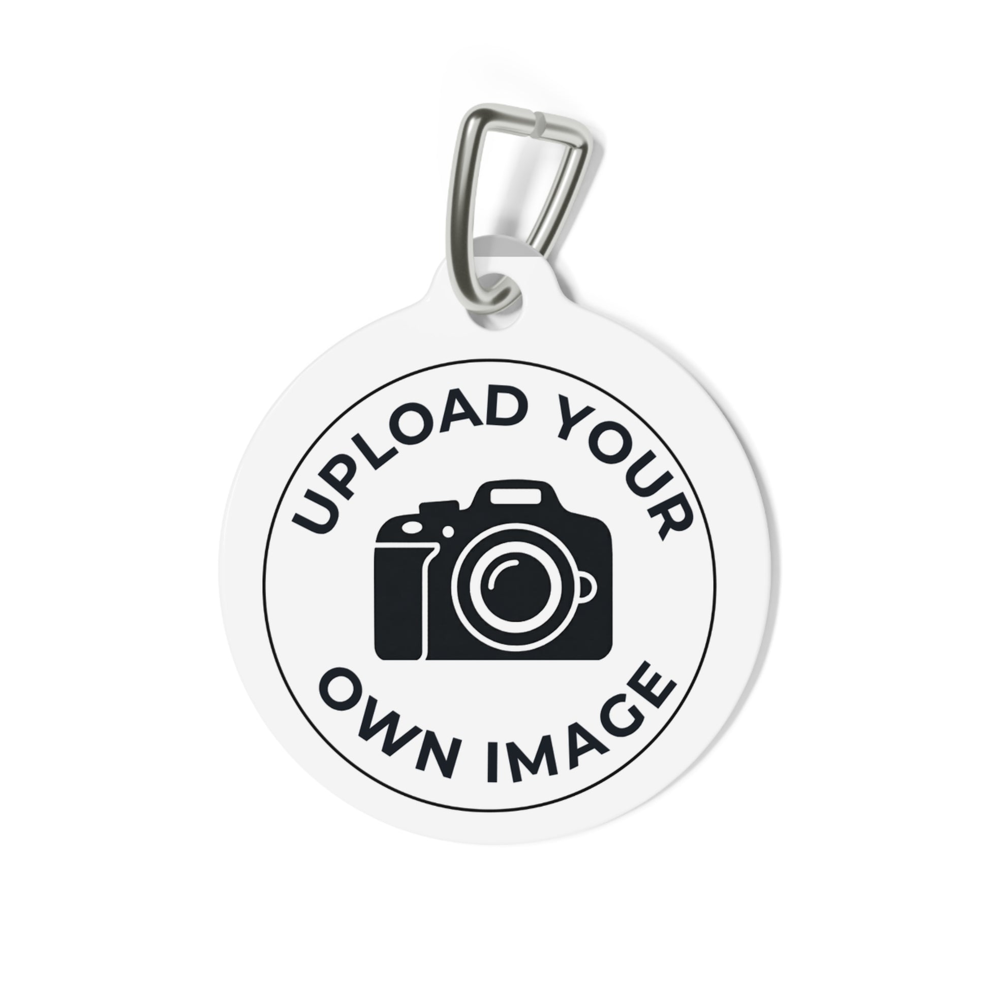 Round pendant with camera icon and text 'Upload Your Own Image' on a white background