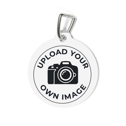 Round pendant with camera icon and text 'Upload Your Own Image' on a white background